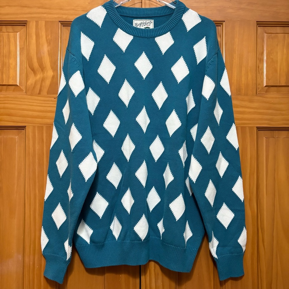 Bogey Boys Golf Sweater Blue and White Argyle Crewneck NWOT